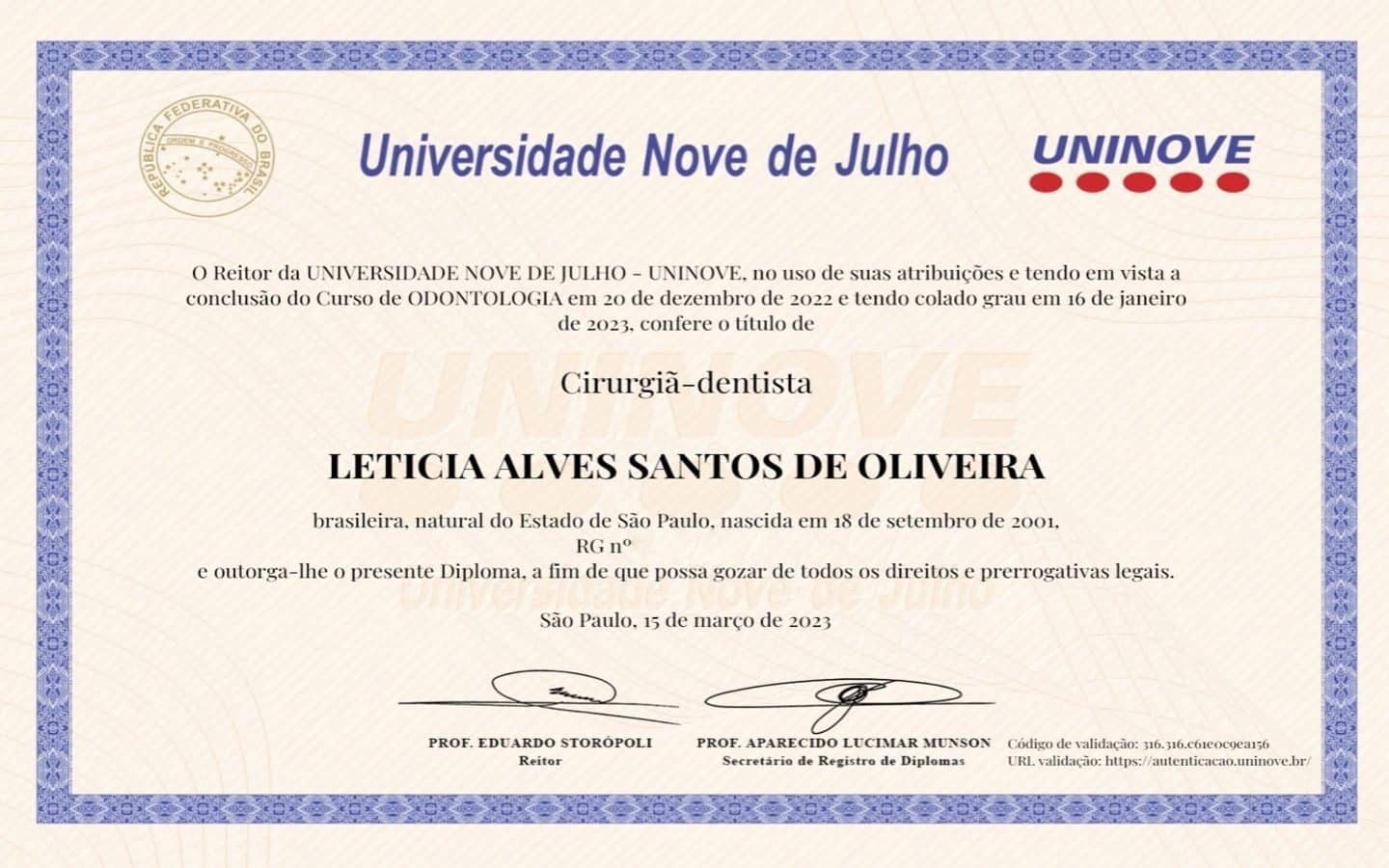 Diploma UNINOVE - Universidade Nove de Julho